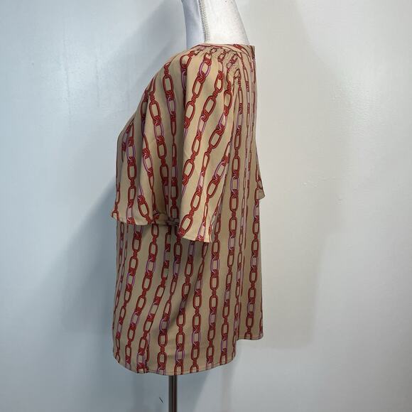 Ann Taylor Blouse Top size Small Khaki Red Pink Chain Print Smocked Stretch - Picture 5 of 7